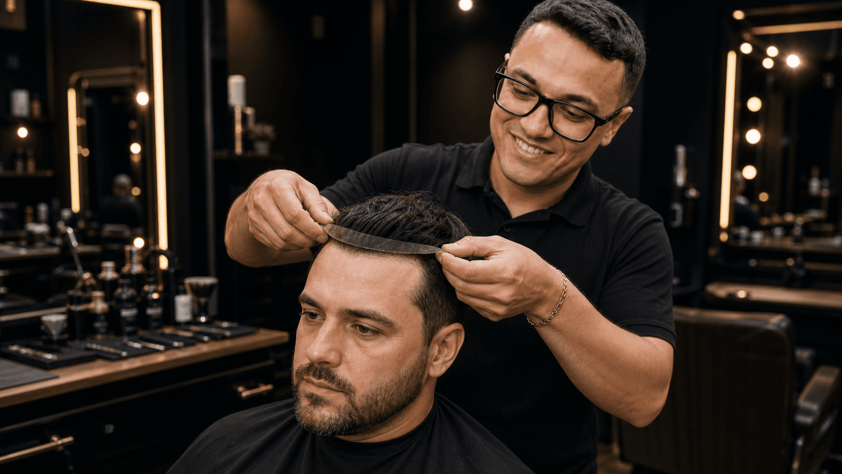 Tio Sam aplicando prótese capilar em cliente na barbearia
